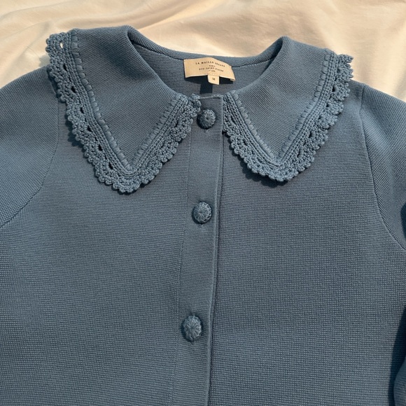 Sezane Blue Cardigan with Crochet Collar - Picture 2 of 5